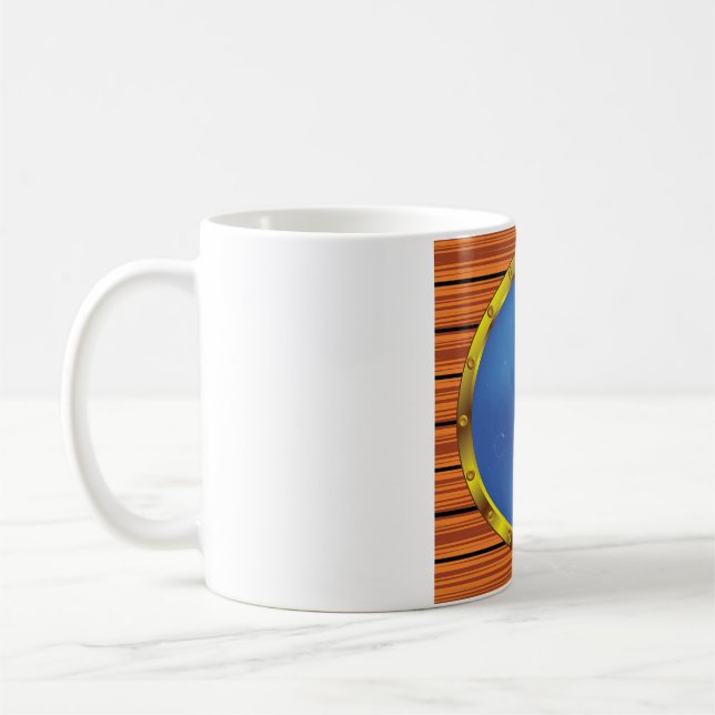Schiffsbullauge-Fenster mit blauem Wasser Kaffeetasse (Links)