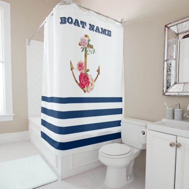 Schiffsname,Anker-Blume Navy Blue White Stripes Duschvorhang (Beispiel)