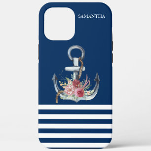 Schiffsname, Anker Blumen Navy Blau Gestreift Case-Mate iPhone Hülle