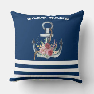 Schiffsname, Anker Blumen Navy Blau Gestreift Kissen