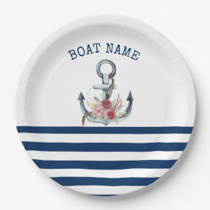 Schiffsname, Anker Blumen Navy Blau Streifen  Pappteller