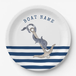 Schiffsname,Anker-Delfin Marineblau  Pappteller