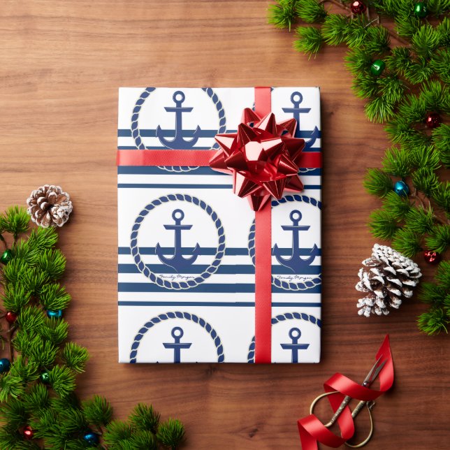 Schiffsname, Anker Navy Blau Gestreift Geschenkpapier (Feiertagsgeschenk)