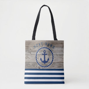 Schiffsname, Anker Navy Blau Gestreift Holz Tasche