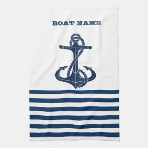 Schiffsname, Anker Navy Blau Weiße Streifen Geschirrtuch