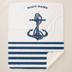 Schiffsname, Anker  Navy Blau Weiße Streifen Sherpadecke
