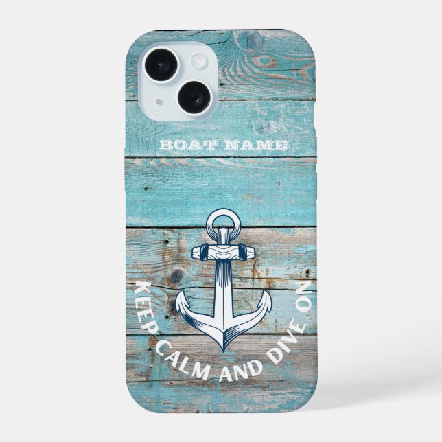 Schiffsname Anker Rustikales Holz iPhone 15 Hülle (Rückseite)