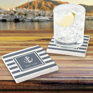 Schiffsname Nautical Anker Navy Blau Streifen Steinuntersetzer