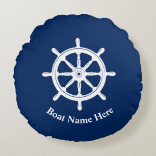 Schiffsname Nautical Ship Wheel Helm Navy Blue Rundes Kissen