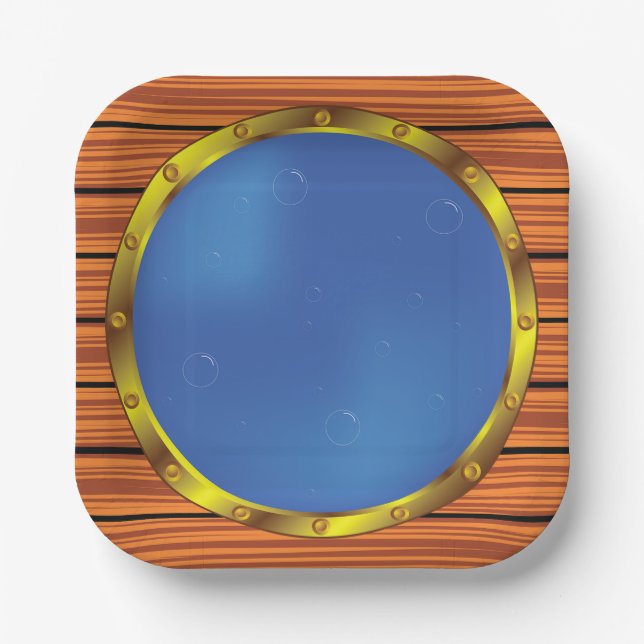 Schiffsporthole-Fenster mit blauem Wasser Pappteller (Vorderseite)