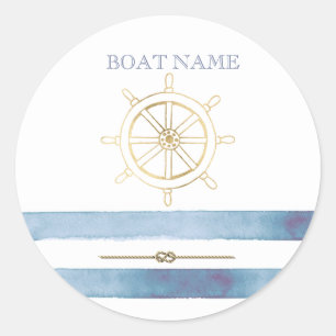 Schiffsrad Nautical Gold, Blaue Wasserfarben-Strei Runder Aufkleber