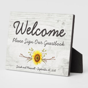 Schild für das Gästebuch der Sunflower Rustic Wood Fotoplatte
