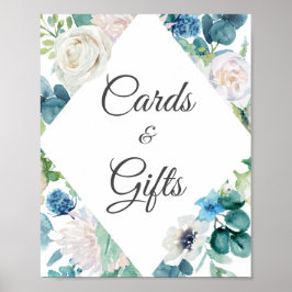 Schild mit grünen blauen blauen Blumenkarten und G