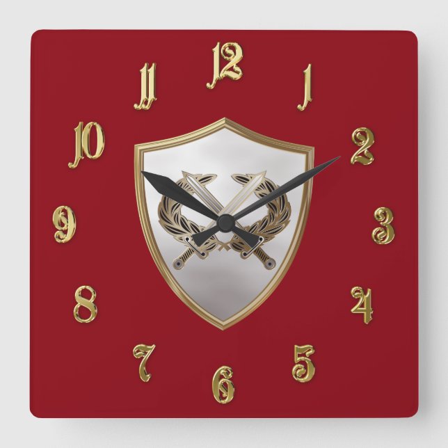 Schild und Schwerter Quadratische Wanduhr (Vorderseite)