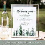 Schild zum Hochzeitsmenü von Holzhütten<br><div class="desc">Laden Sie sich mit unserem charmanten rustikalen Bar-Schild ein, um sich eine Lieblings-Libation aus der Bar zu holen. Das 11x14 Poster hat einen unteren Rand von Aquarellkiefern in reichen Jägertönen und Waldgrün, mit "der Bar ist offen" in Off-Black Kalligraphie Skript und Blockschrift. Persönlich verwöhnen wir Sie mit Wein, Bier und...</div>
