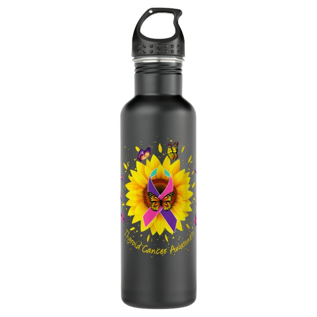 Schilddrüsenkrebs Bewusstsein Sonnenblumen-Schmett Edelstahlflasche (Vorderseite)