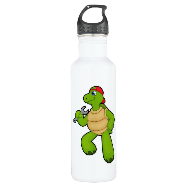 Schildkröte als Mechanik mit Schraubenschlüssel un Edelstahlflasche (Vorderseite)
