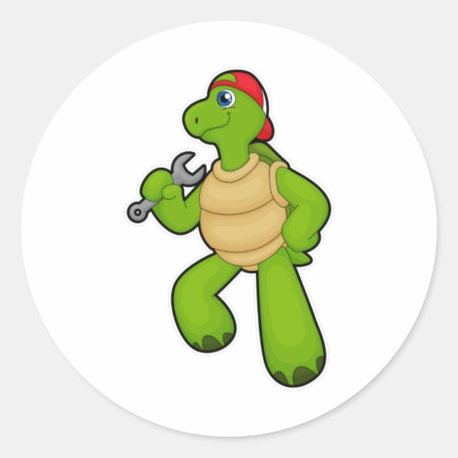 Schildkröte als Mechanik mit Schraubenschlüssel un Runder Aufkleber (Vorderseite)