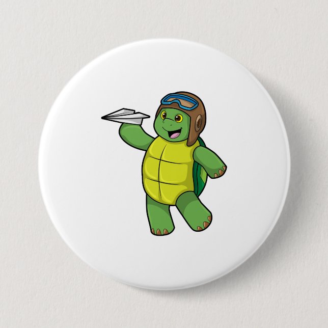 Schildkröte als Pilot mit Papier-Flugzeug Button (Vorderseite)