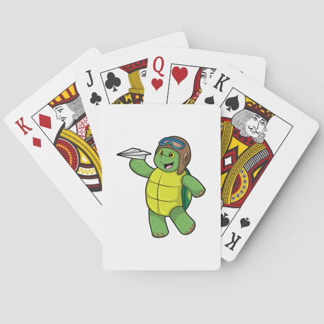 Schildkröte als Pilot mit Papier-Flugzeug Spielkarten (Rückseite)