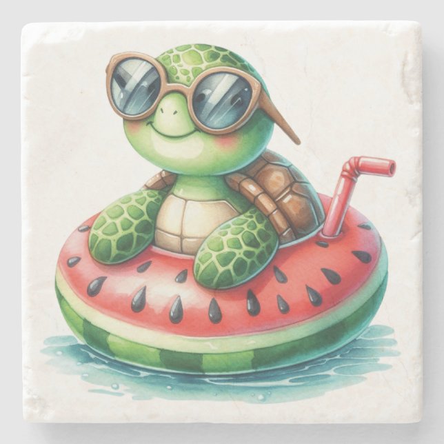 Schildkröte auf einer Wassermelone Steinuntersetzer (Vorderseite)