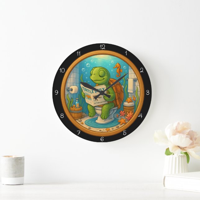 Schildkröte auf Toilettenlesen Große Wanduhr (Zuhause)