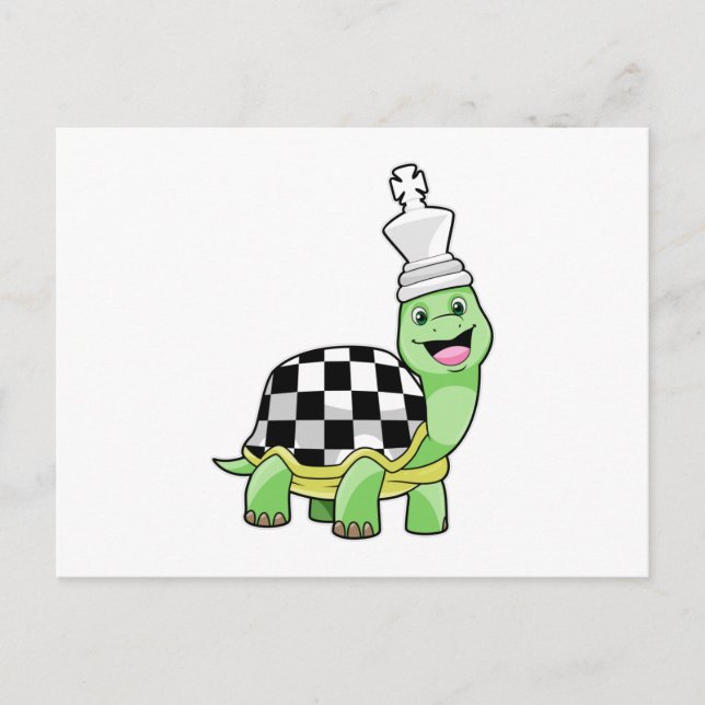 Schildkröte beim Schach mit Schachbrett und König Postkarte (Vorderseite)