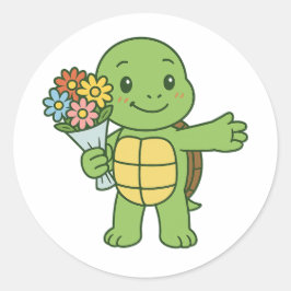 Schildkröte hält einen Blumenstrauß Runder Aufkleber