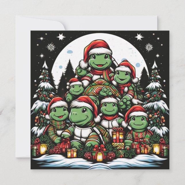 Schildkröte ist glücklich mit Weihnachtsgeschenken Feiertagskarte (Vorderseite)
