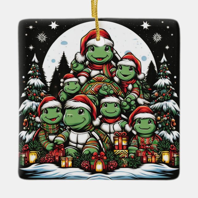 Schildkröte ist glücklich mit Weihnachtsgeschenken Keramikornament (Vorderseite)