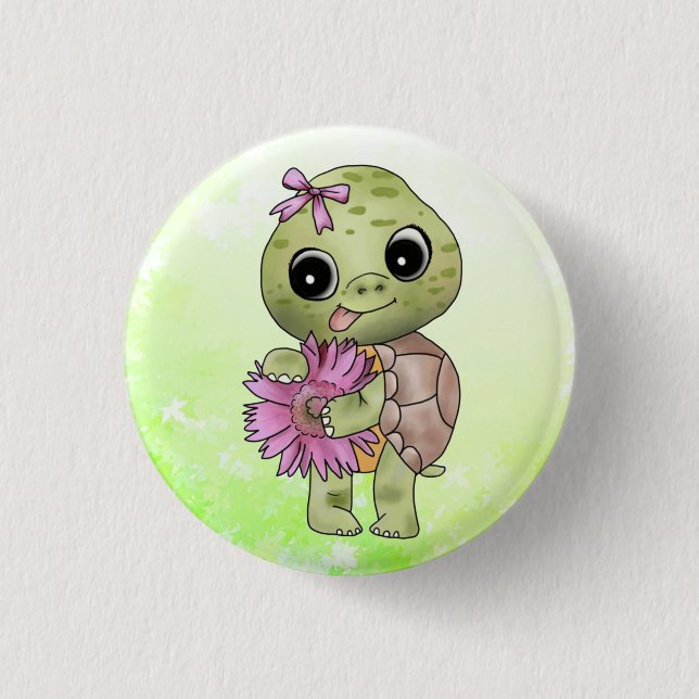Schildkröte mit Blume Button (Vorderseite)