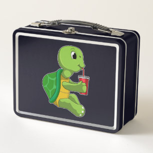 Schildkröte mit Drink Tasse mit Stroh Metall Brotdose