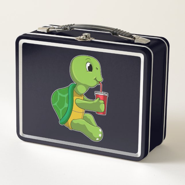 Schildkröte mit Drink Tasse mit Stroh Metall Brotdose (Vorderseite)
