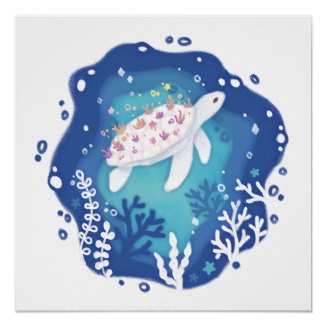 Schildkröte mit Korallen in Ocean Paper Art Illust Poster (Vorderseite)