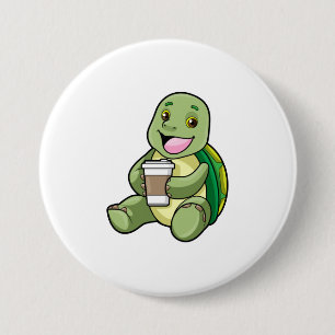 Schildkröte mit Muschel und Kaffee zum Mitnehmen Button