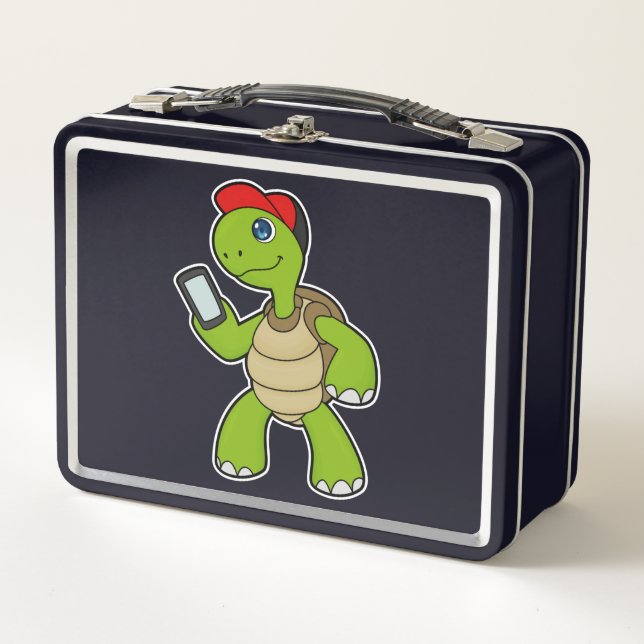 Schildkröte mit Telefon und Hut Metall Brotdose (Vorderseite)