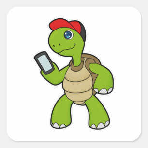 Schildkröte mit Telefon und Hut Quadratischer Aufkleber