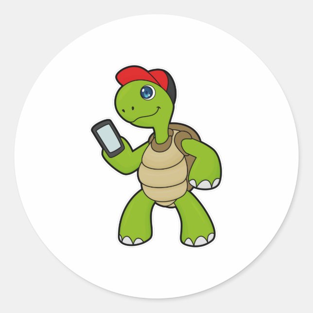 Schildkröte mit Telefon und Hut Runder Aufkleber (Vorderseite)