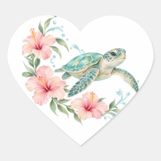 Schildkröte & Rosa Hibiskus Herz Aufkleber