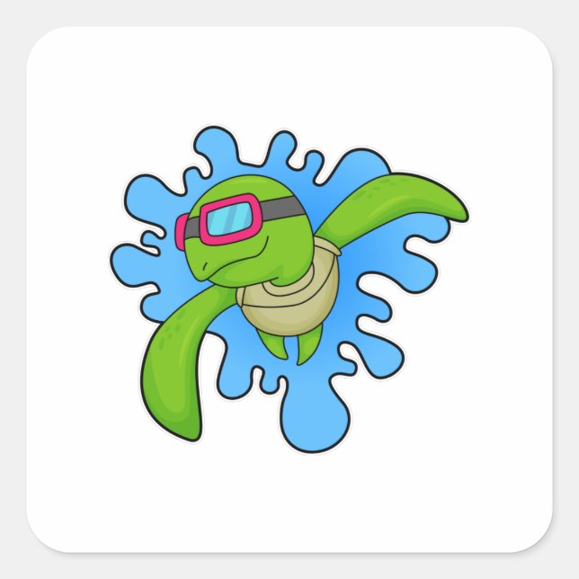 Schildkröte Schwimmen Schwimmbrille Quadratischer Aufkleber (Vorderseite)