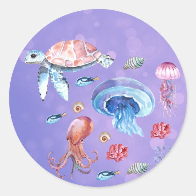 Schildkröte Tintenfisch Qualle Schwimmen Runder Aufkleber (Vorderseite)