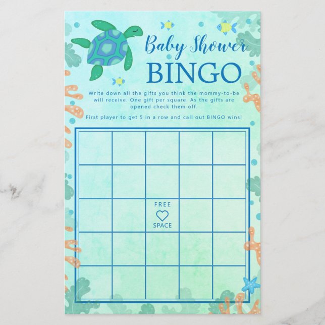 Schildkröte unter dem Sea Baby Shower Bingo Game (Vorderseite)