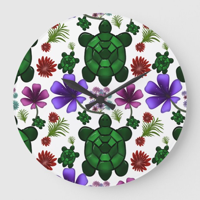 Schildkröten-Blumenmuster Große Wanduhr (Vorderseite)