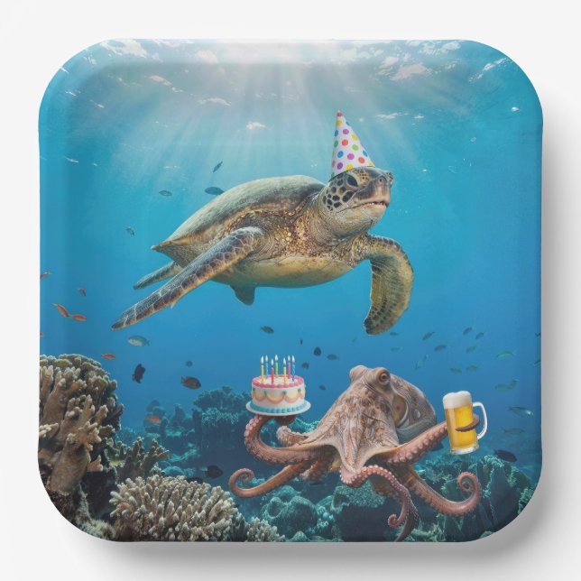 Schildkröten-Geburtstagsfeier mit Oktopus Pappteller (Vorderseite)