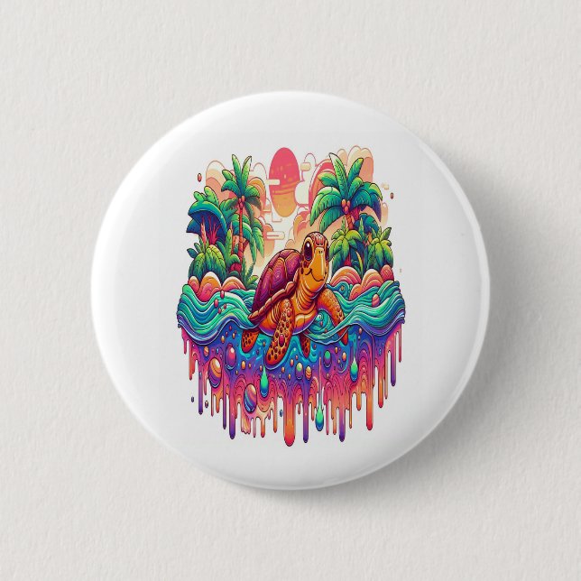 Schildkröten schwimmen im Flüssiggarten. Button (Vorderseite)