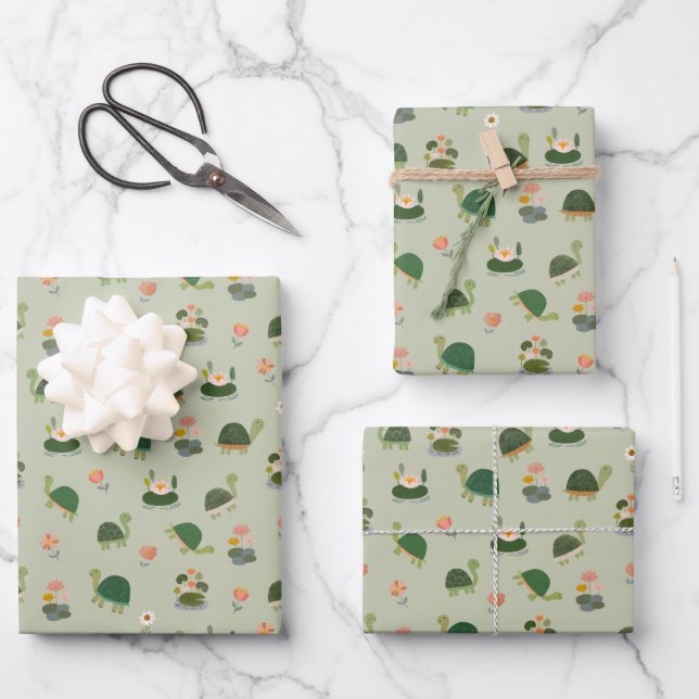 Schildkröten & Seerosenblätter auf Gin Grün Geschenkpapier Set (Vorderseite)