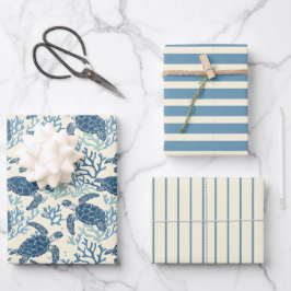Schildkröten und Streifen aus Blauem und Cremees Geschenkpapier Set