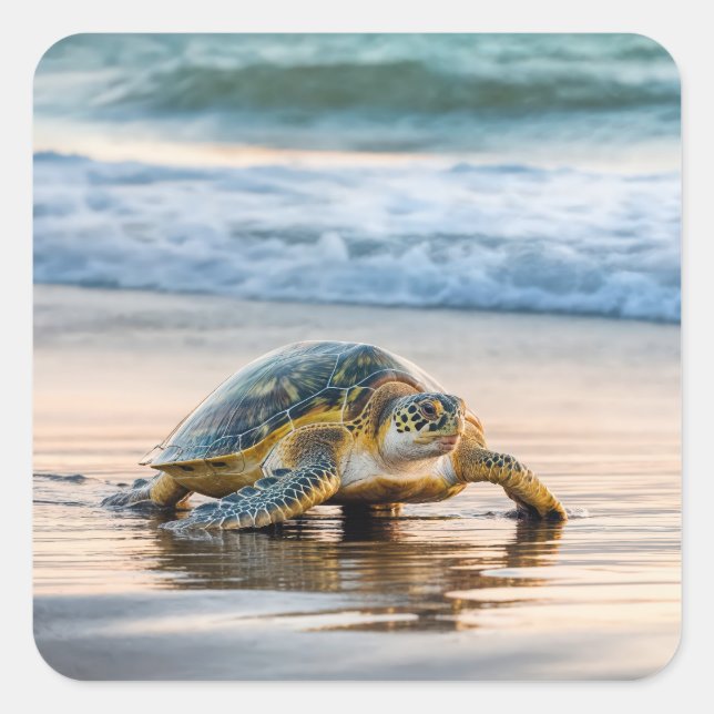 Schildkrötenwanderung auf dem Nassstrand Quadratischer Aufkleber (Vorderseite)
