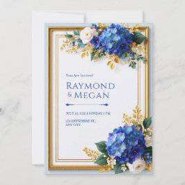 Schillernde Blaue Hortensien-Hochzeit mit Goldrahm Einladung