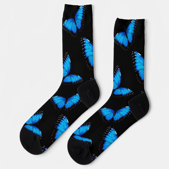 Schillernde blaue Schmetterlinge Socken mit schwar (Linkes Detail)